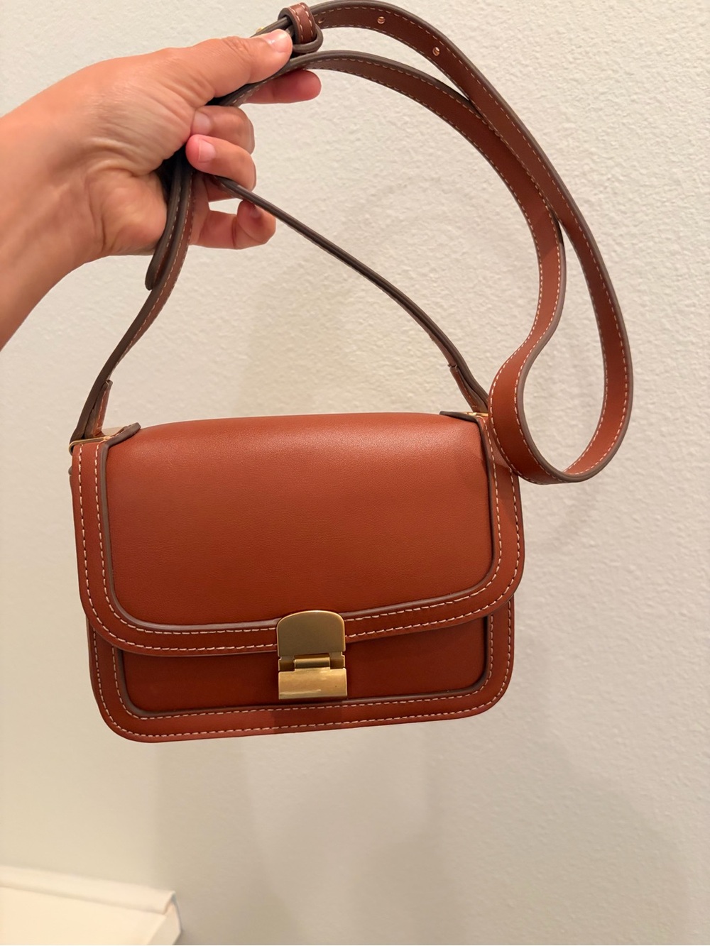 Mango Classic Brown Leather Crossbody Bag with Gold Tone Lock